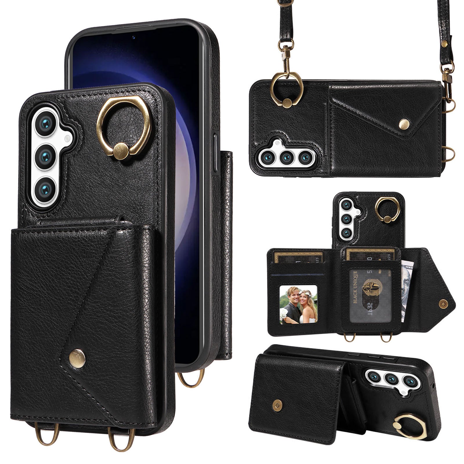 002 Cellphone Cover for Samsung Galaxy S23 FE Ring Kickstand Litchi Texture Leather TPU Card Bag Phone Case with Shoulder Strap 002 Cellphone Cover for Samsung Galaxy S23 FE Ring Kickstand Litchi Texture Leather TPU Card Bag Phone Case with Shoulder Strap